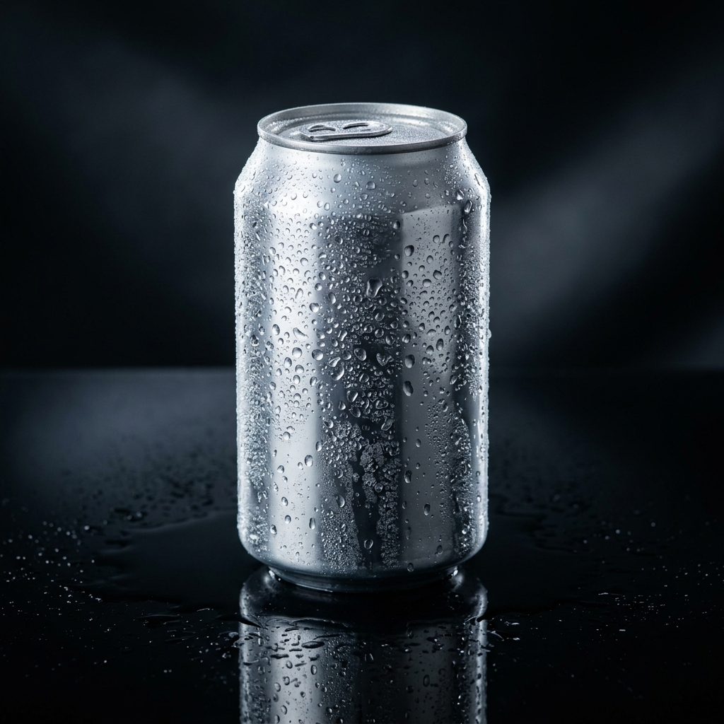 A studio product shot of a sleek aluminum beverage can