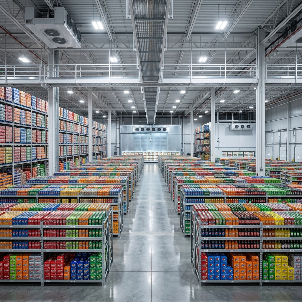A modern beverage warehouse vault stocked with famous brand drinks.